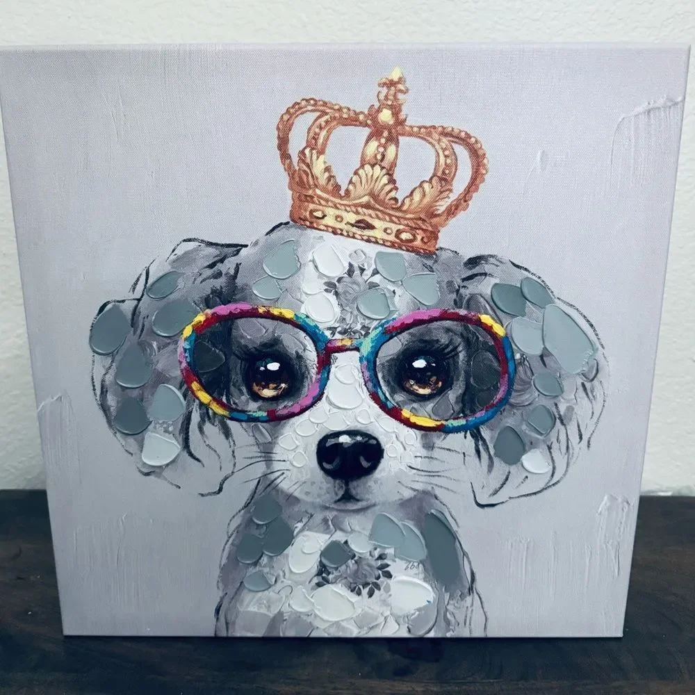 Princess Dog Portrait Rainbow Glasses & Crown Canvas Painting Wall Art Decor